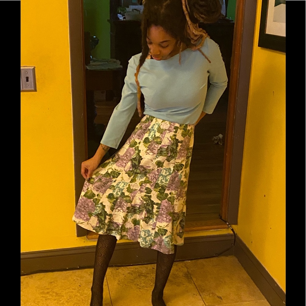Ann Taylor Teal Purple Top & Floral Pleated Skirt